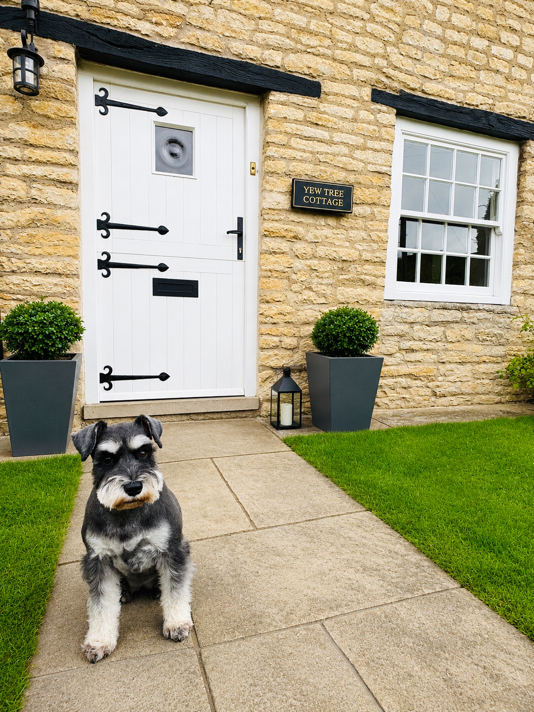 Dog friendly holiday cottage - Schnauzer at the front door of Yew Tree Cottage Westow